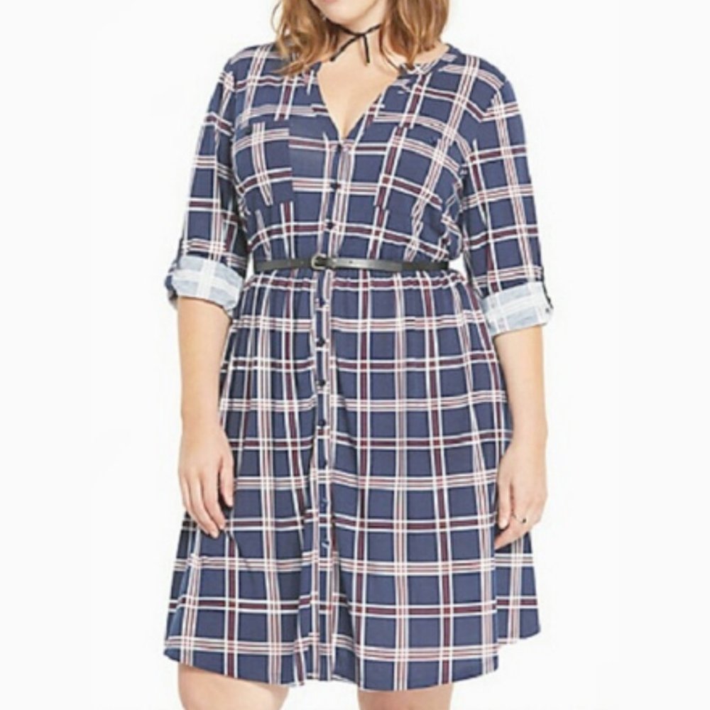 Torrid Heather Blue Plaid Button Down Shirt Dress